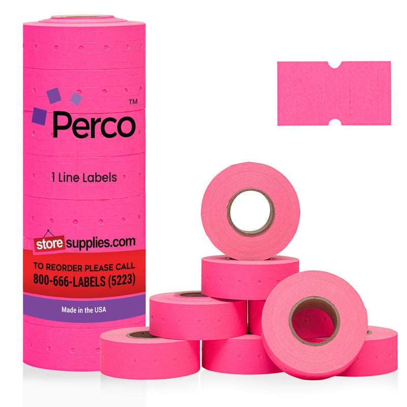 Perco 1 Line Fluorescent Pink Labels - 8 Rolls, 1 Sleeve, 8,000 Blank Price and Date Gun Labels for Perco Lite, X, Plus and Pro 1 Line Price and Date Guns - Made in USA - Image 1